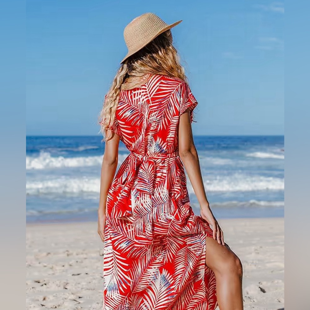 CUPSHE Women's Red Leaf Print Tie Short Sleeves Wrap V Neck Dress